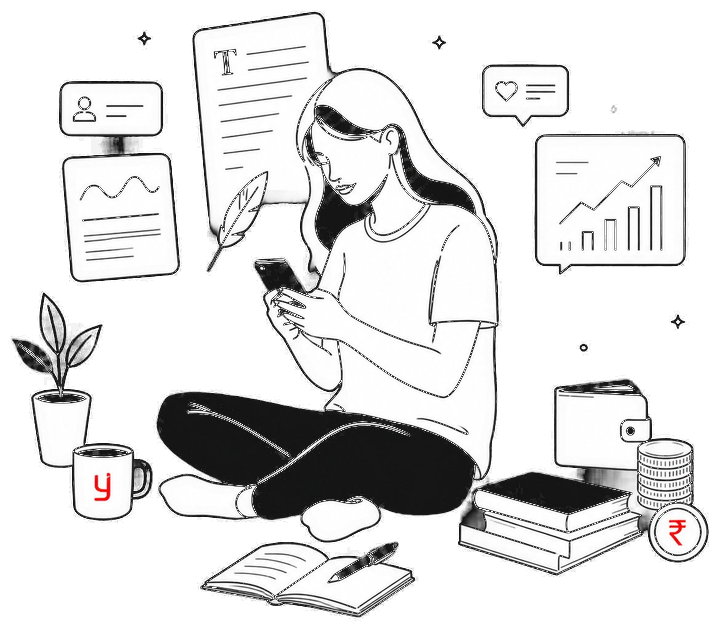 A writer reading on her phone, surrounded by books, notes, charts and coins